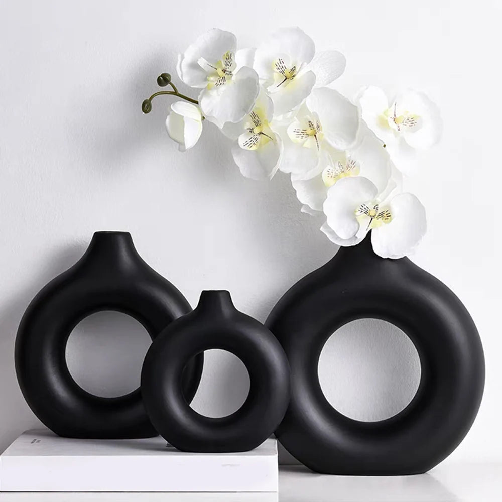 1pcs Black Nordic Ceramic Vase Circular Hollow Donuts Flower Pot