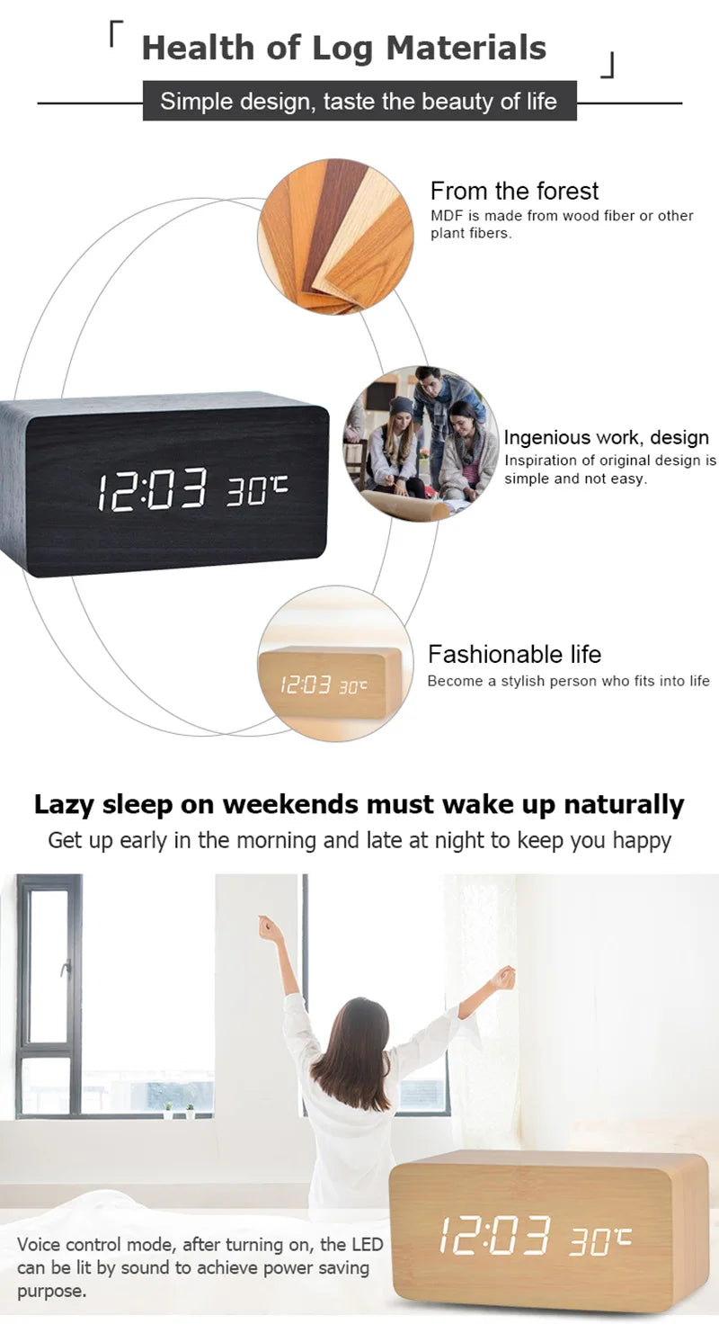 Digital Alarm Clock Wooden LED Table Clock