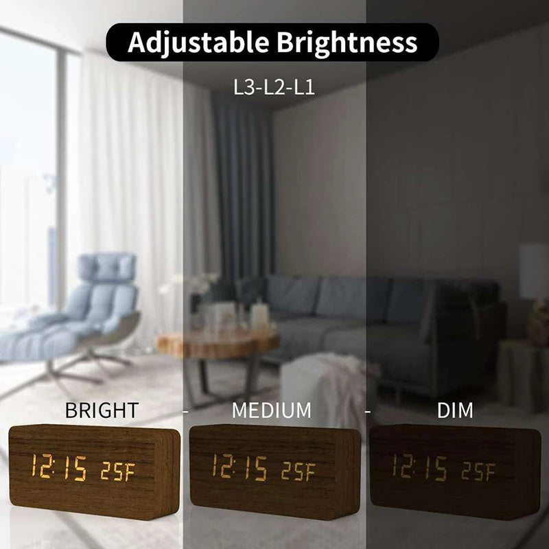 Digital Alarm Clock Wooden LED Table Clock