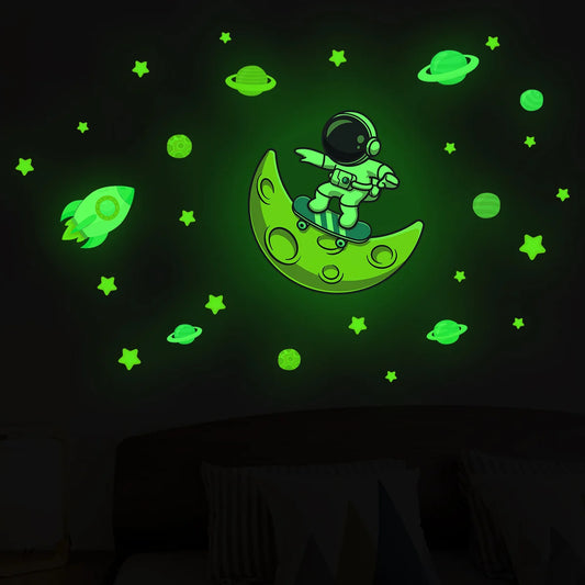 1Pc Cartoon Astronaut Moon Planet Glowing Wall Stickers