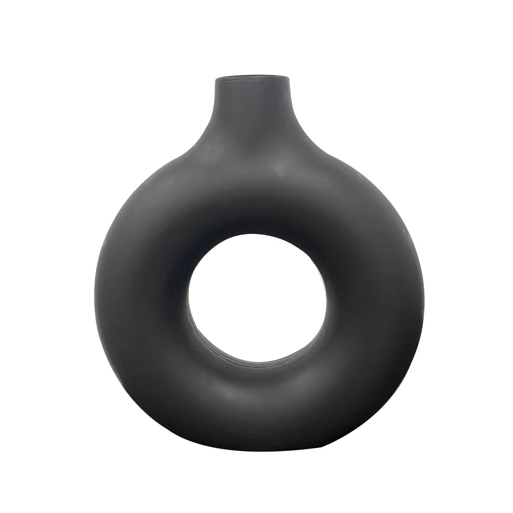 1pcs Black Nordic Ceramic Vase Circular Hollow Donuts Flower Pot