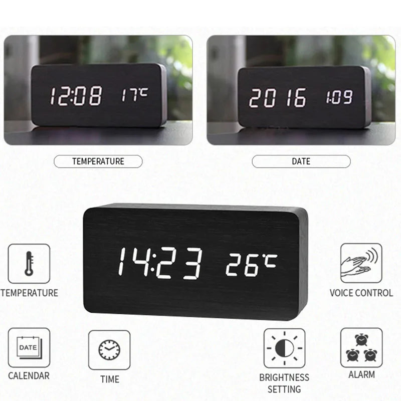 Digital Alarm Clock Wooden LED Table Clock