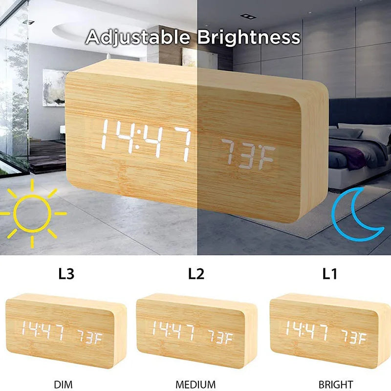 Digital Alarm Clock Wooden LED Table Clock