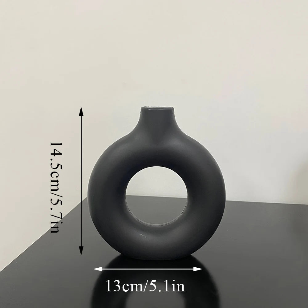 1pcs Black Nordic Ceramic Vase Circular Hollow Donuts Flower Pot