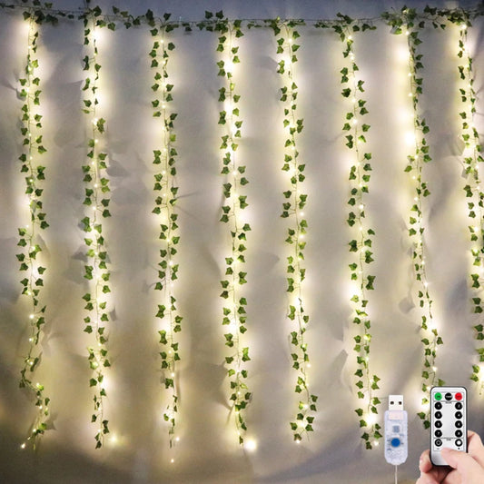 12pcs 2m Ivy Green Fake Leaves Garland Plant Led