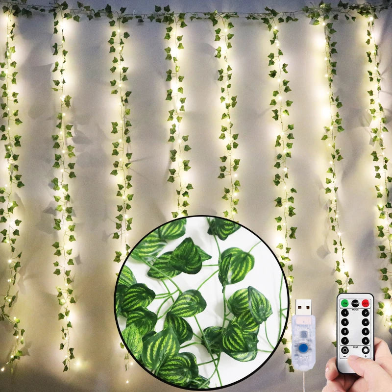 12pcs 2m Ivy Green Fake Leaves Garland Plant Led