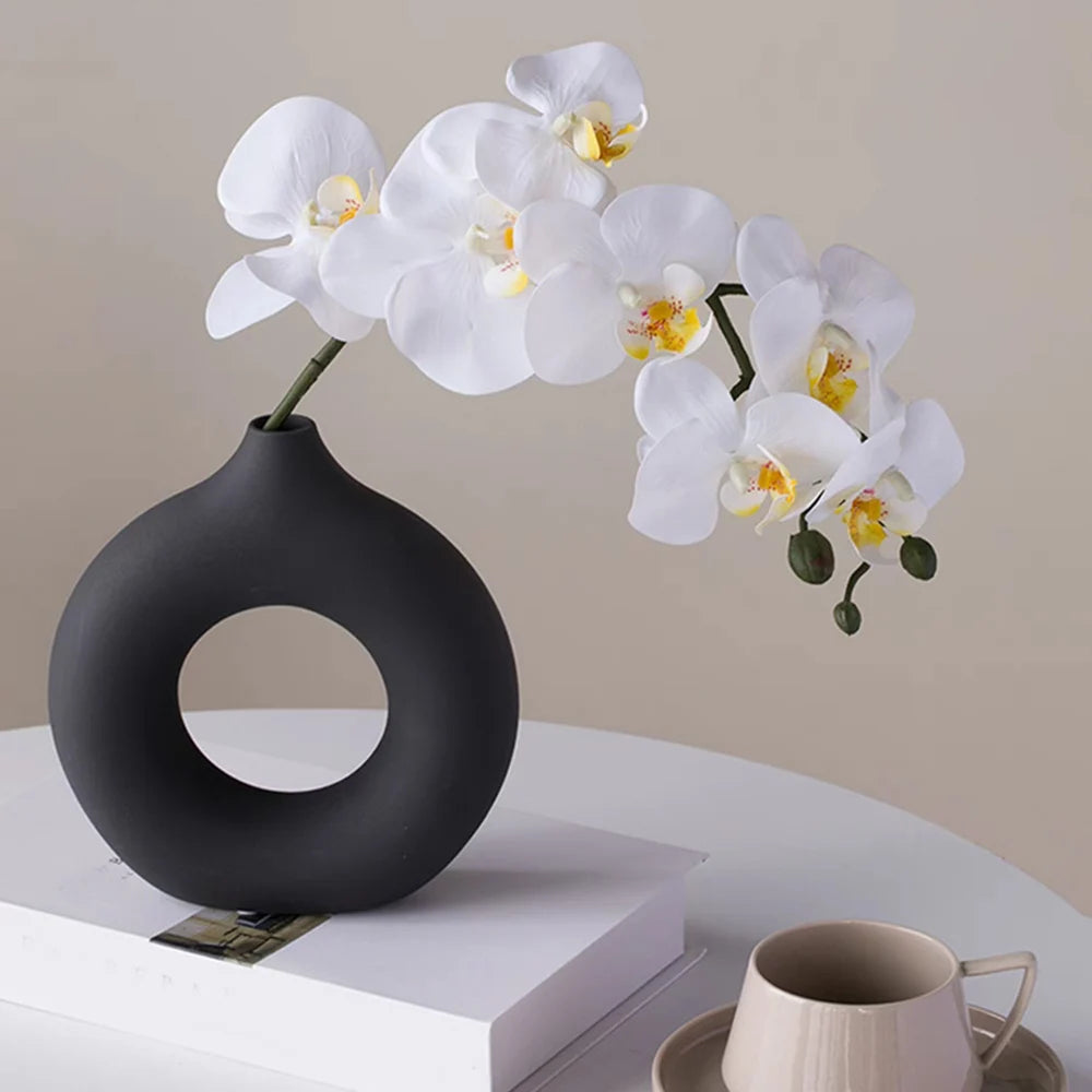 1pcs Black Nordic Ceramic Vase Circular Hollow Donuts Flower Pot