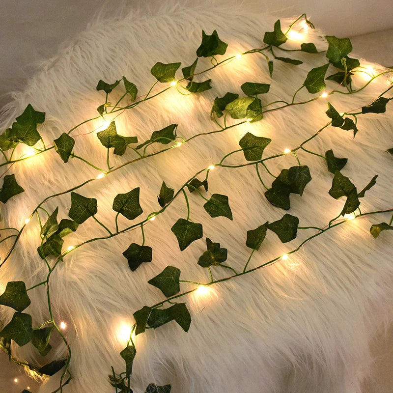 2/5/10M Silk Leaves Fake Creeper Green Leaf Ivy Vine LED String Lights