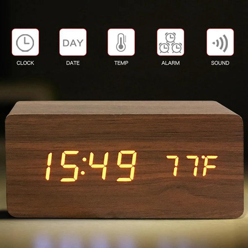 Digital Alarm Clock Wooden LED Table Clock