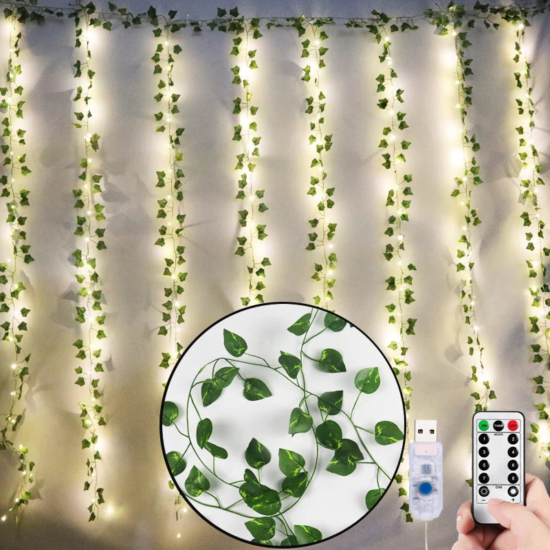 12pcs 2m Ivy Green Fake Leaves Garland Plant Led