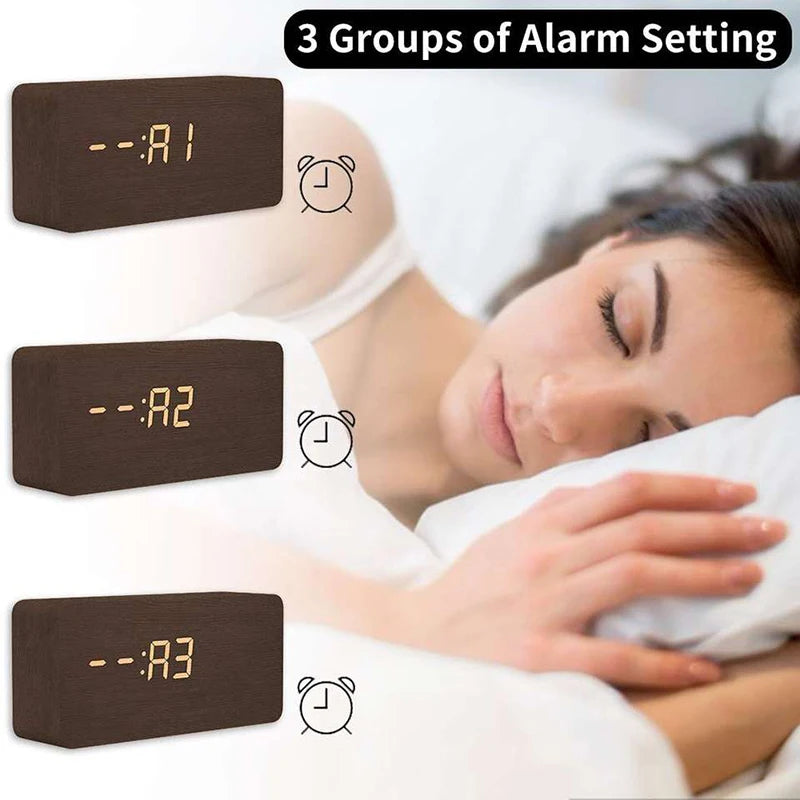 Digital Alarm Clock Wooden LED Table Clock