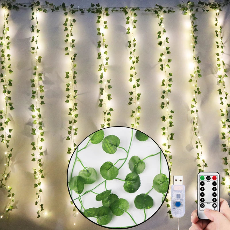 12pcs 2m Ivy Green Fake Leaves Garland Plant Led