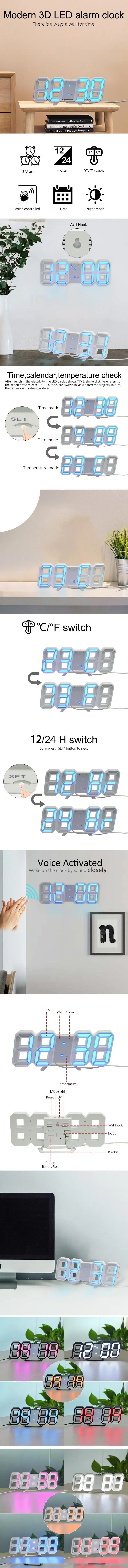 Clock 3D LED Digital Alarm Clock Wall Clock