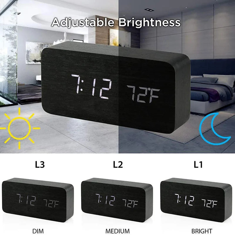 Digital Alarm Clock Wooden LED Table Clock