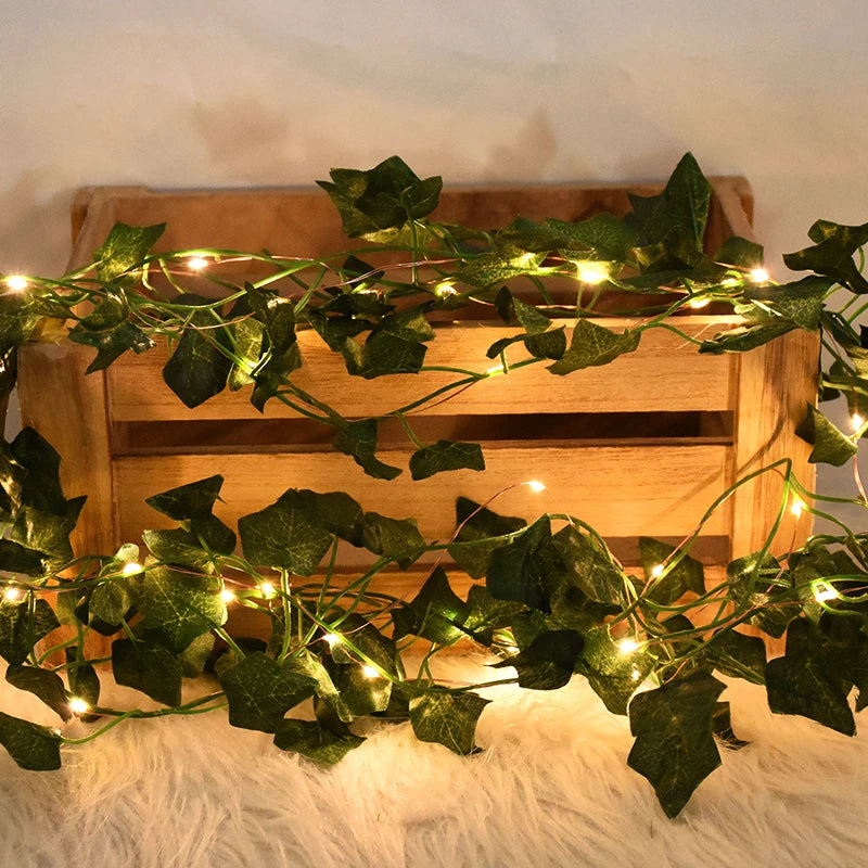 2/5/10M Silk Leaves Fake Creeper Green Leaf Ivy Vine LED String Lights