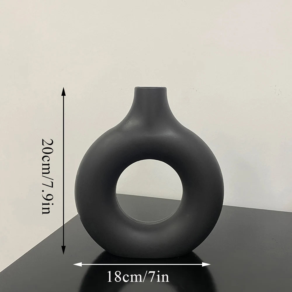 1pcs Black Nordic Ceramic Vase Circular Hollow Donuts Flower Pot