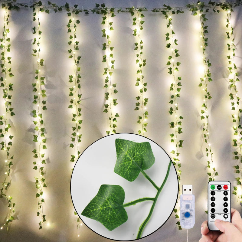 12pcs 2m Ivy Green Fake Leaves Garland Plant Led