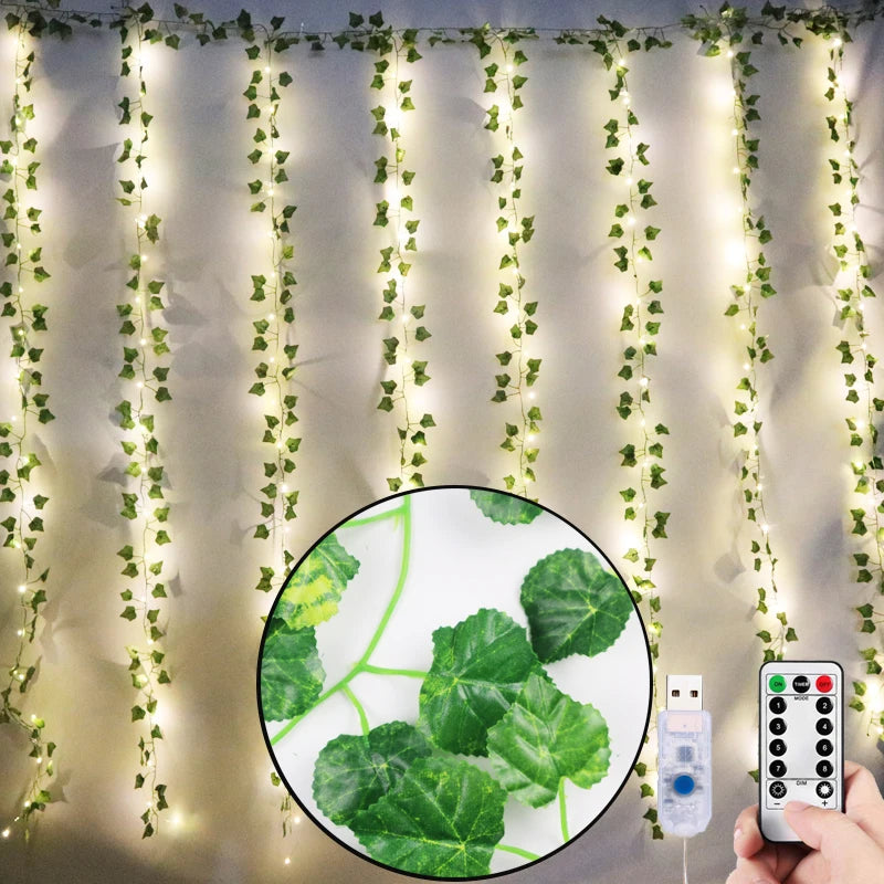 12pcs 2m Ivy Green Fake Leaves Garland Plant Led