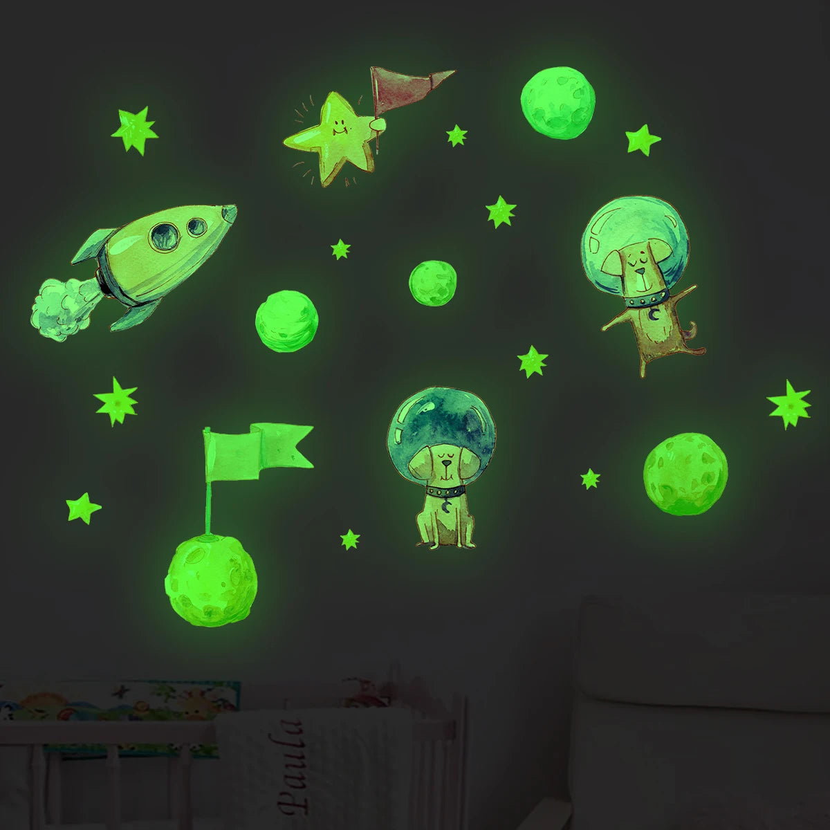1Pc Cartoon Astronaut Moon Planet Glowing Wall Stickers