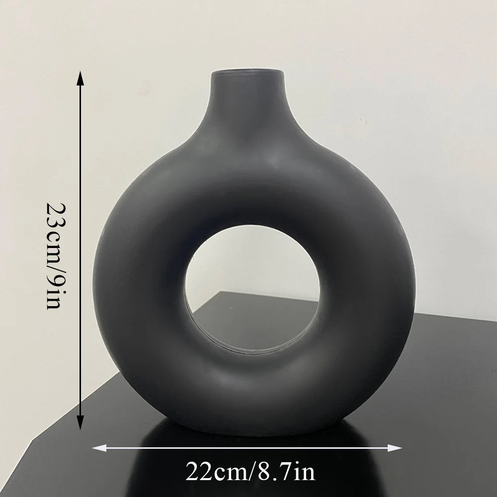 1pcs Black Nordic Ceramic Vase Circular Hollow Donuts Flower Pot