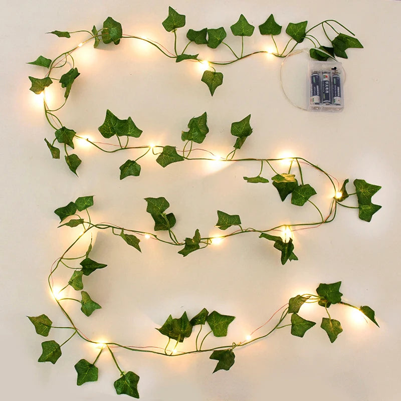 2/5/10M Silk Leaves Fake Creeper Green Leaf Ivy Vine LED String Lights