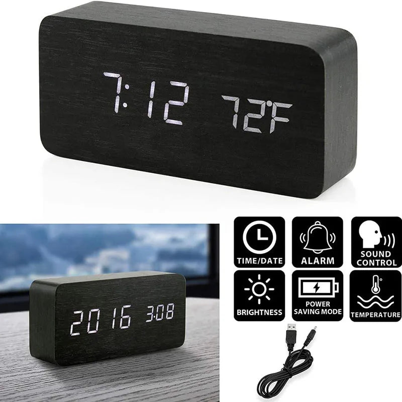 Digital Alarm Clock Wooden LED Table Clock
