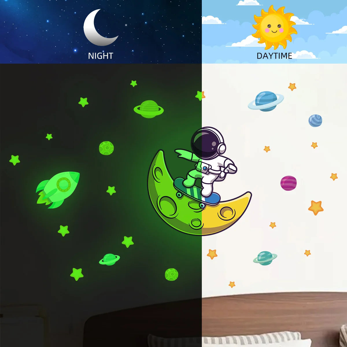 1Pc Cartoon Astronaut Moon Planet Glowing Wall Stickers