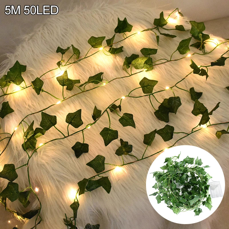 2/5/10M Silk Leaves Fake Creeper Green Leaf Ivy Vine LED String Lights